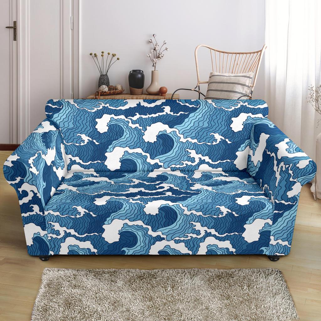 Wave Themed Pattern Print Loveseat Slipcover-JTAMIGO.COM