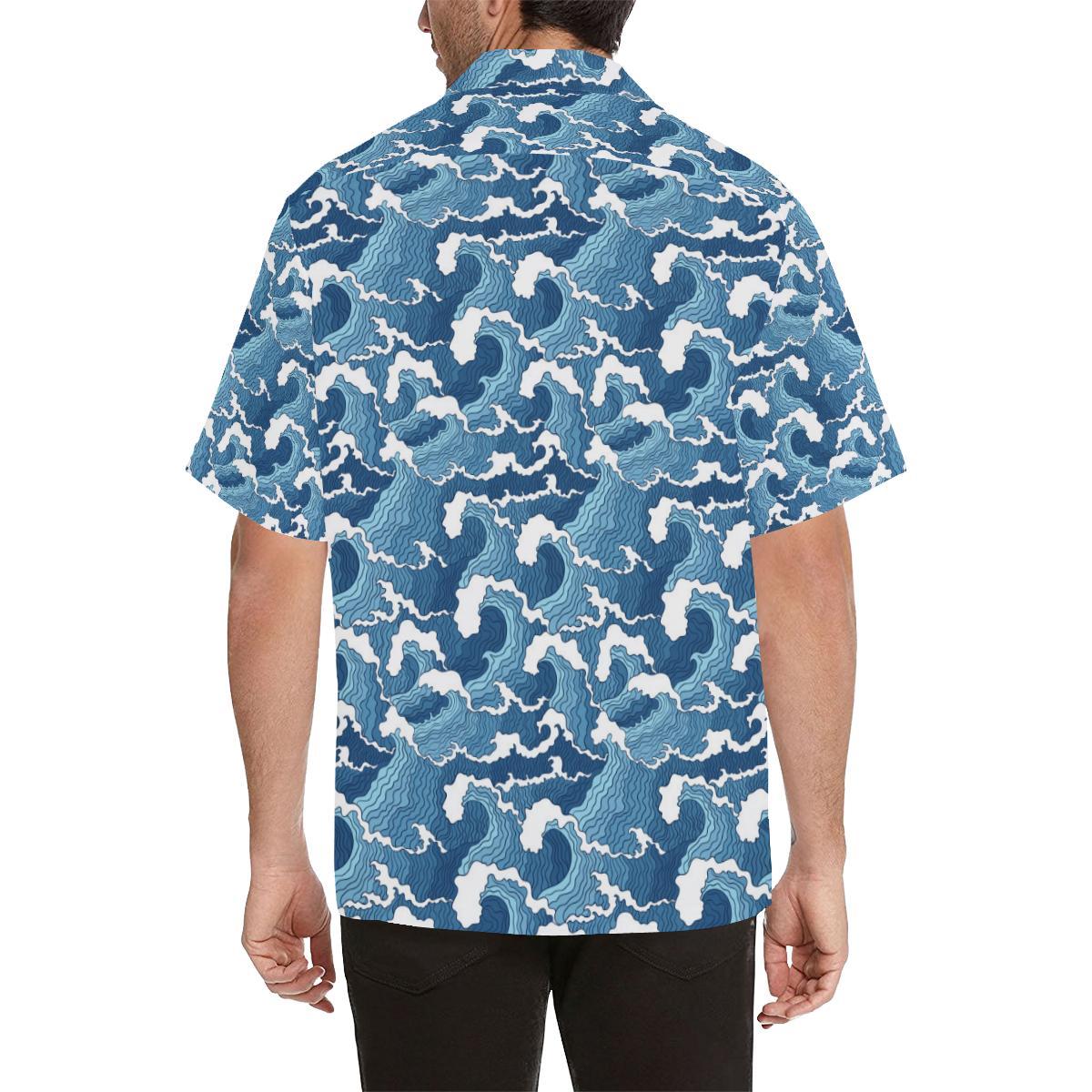 Wave Themed Pattern Print Men Aloha Hawaiian Shirt