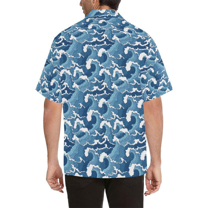 Wave Themed Pattern Print Men Aloha Hawaiian Shirt