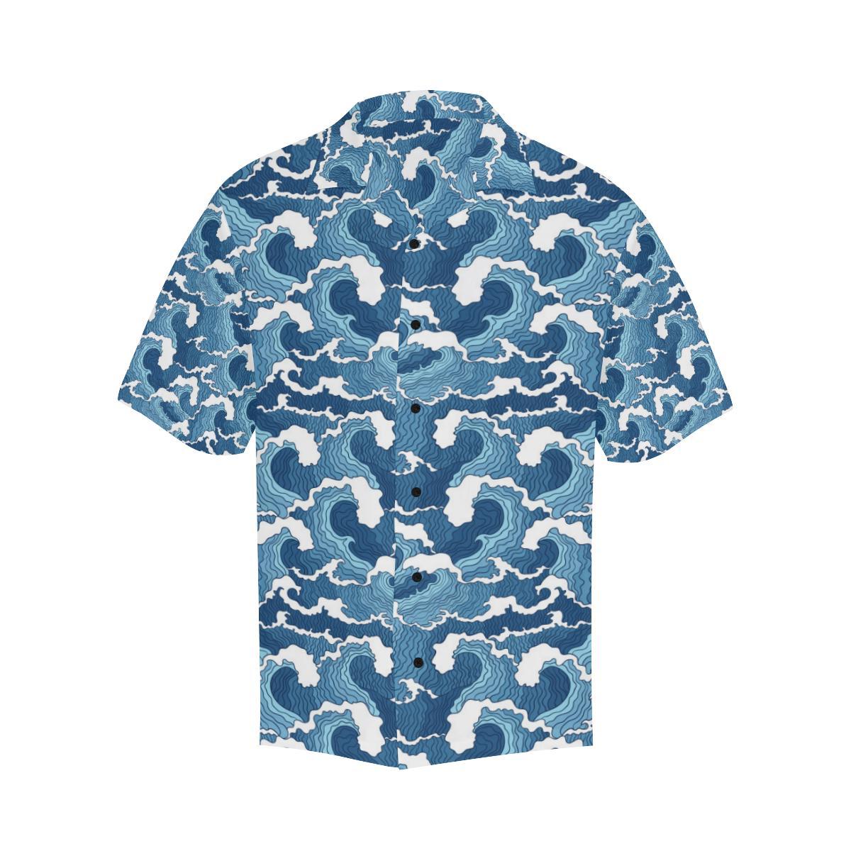 Wave Themed Pattern Print Men Aloha Hawaiian Shirt