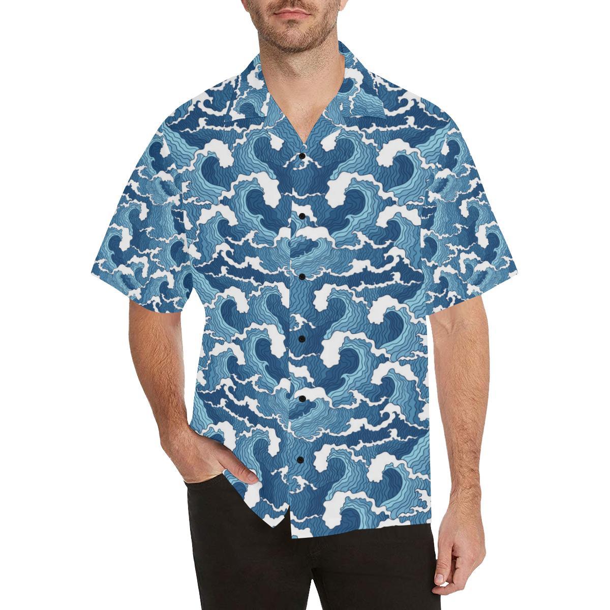 Wave Themed Pattern Print Men Aloha Hawaiian Shirt
