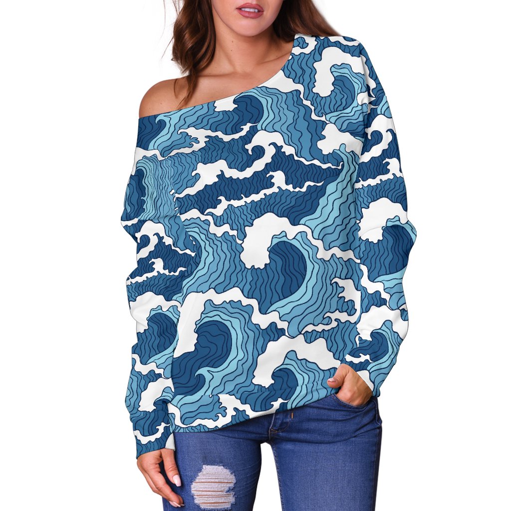 Wave Themed Pattern Print Off Shoulder Sweatshirt