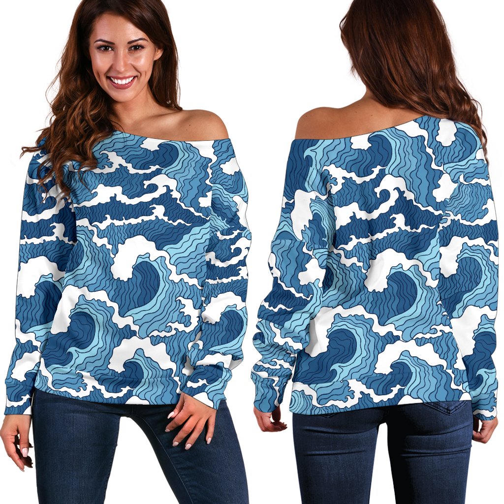Wave Themed Pattern Print Off Shoulder Sweatshirt