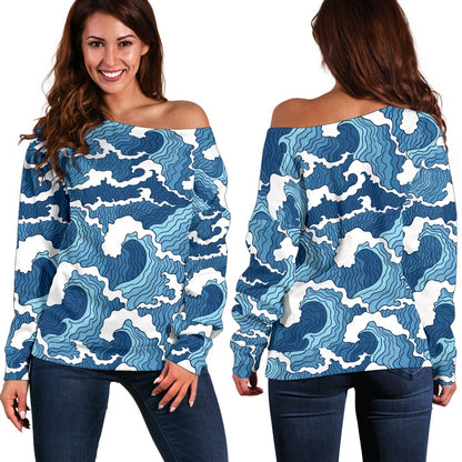 Wave Themed Pattern Print Off Shoulder Sweatshirt