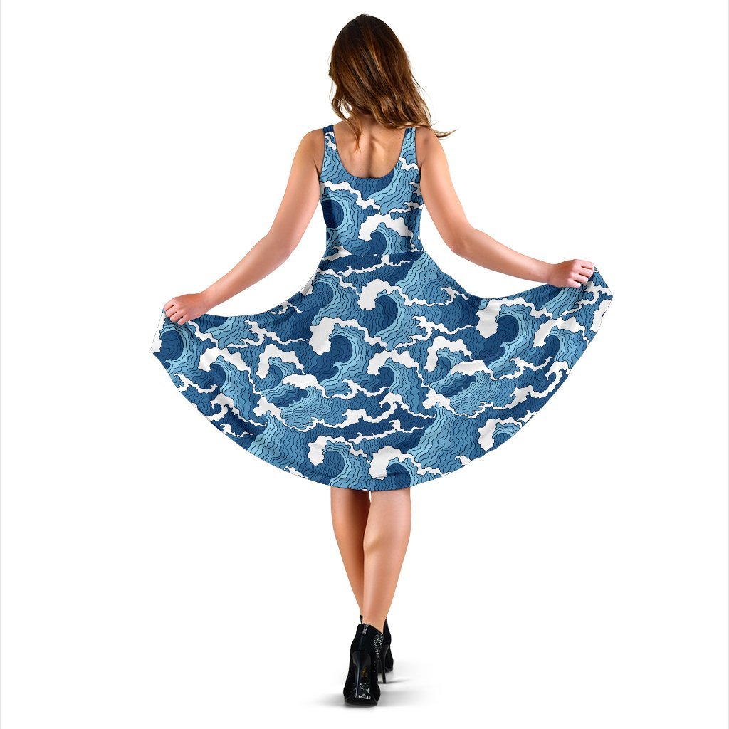 Wave Themed Pattern Print Sleeveless Dress