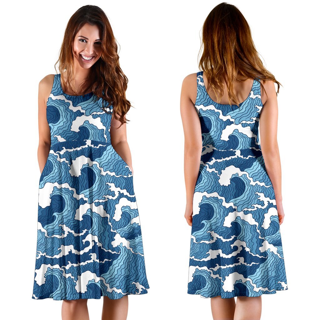 Wave Themed Pattern Print Sleeveless Dress