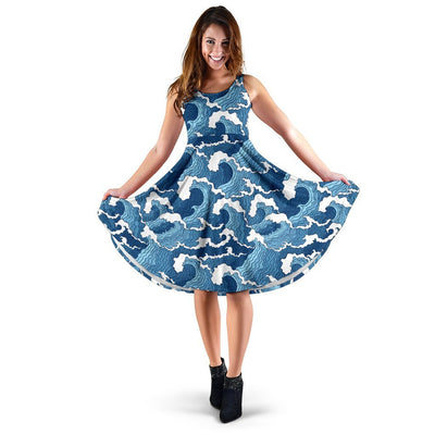 Wave Themed Pattern Print Sleeveless Dress