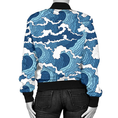 Wave Themed Pattern Print Women Casual Bomber Jacket