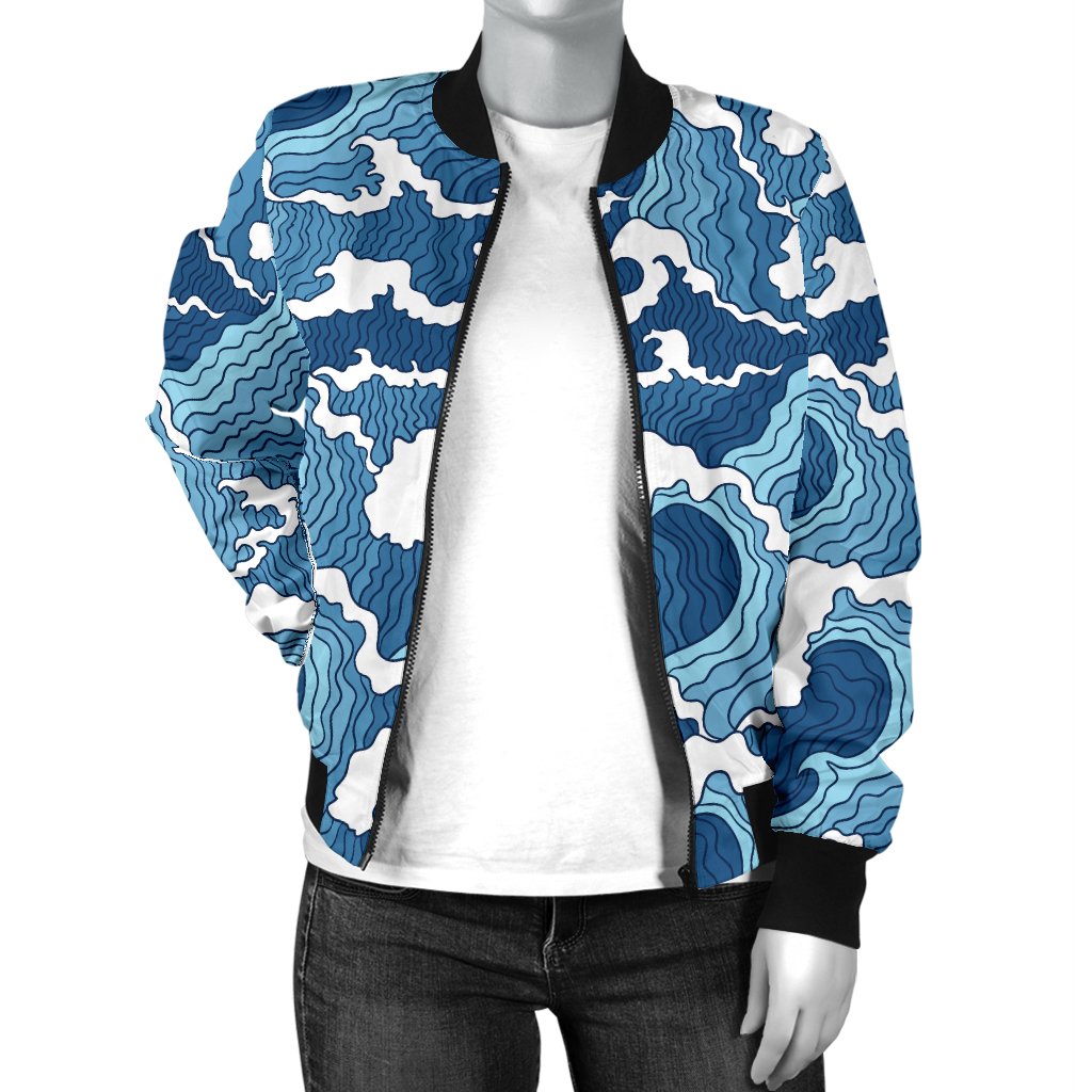 Wave Themed Pattern Print Women Casual Bomber Jacket