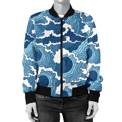 Wave Themed Pattern Print Women Casual Bomber Jacket