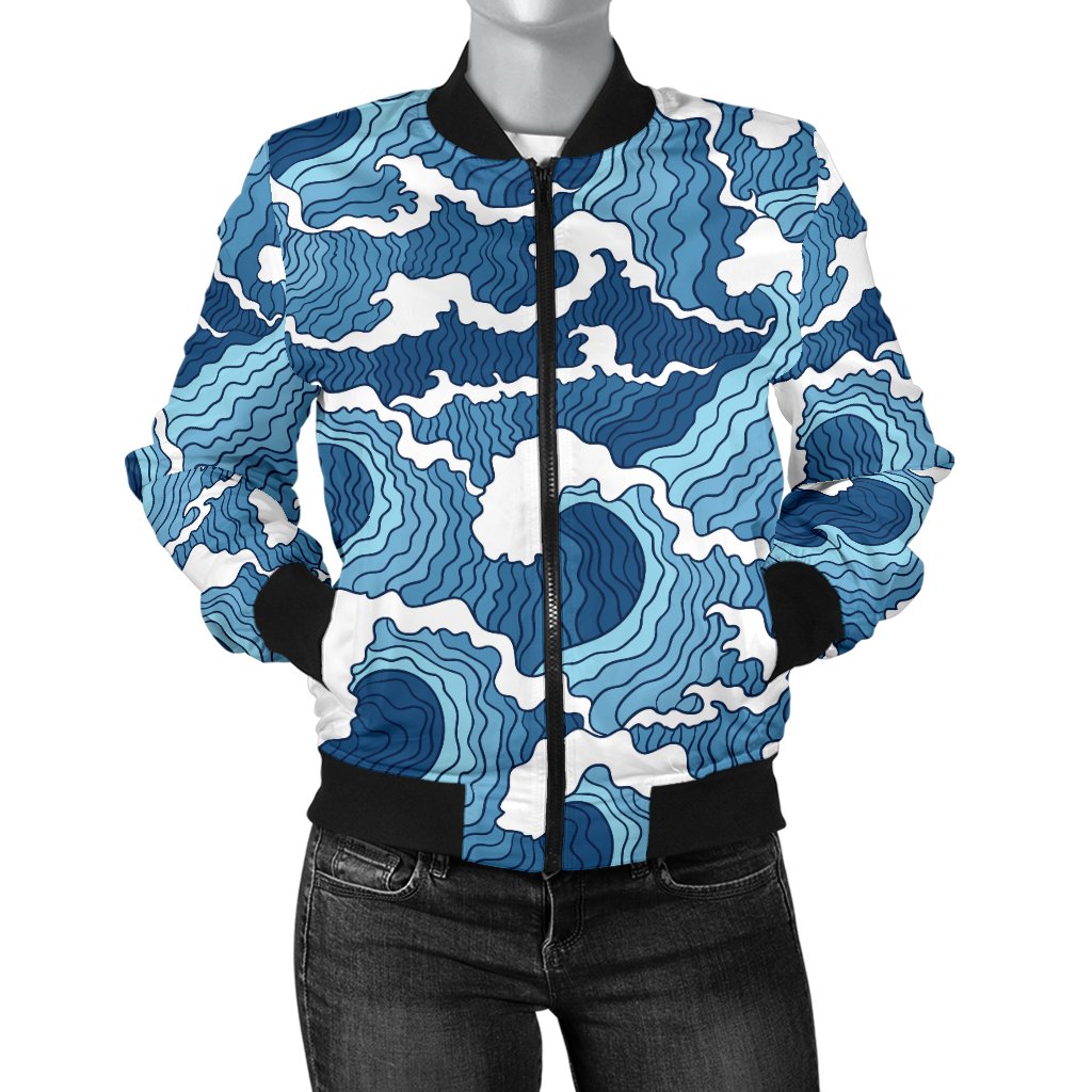 Wave Themed Pattern Print Women Casual Bomber Jacket