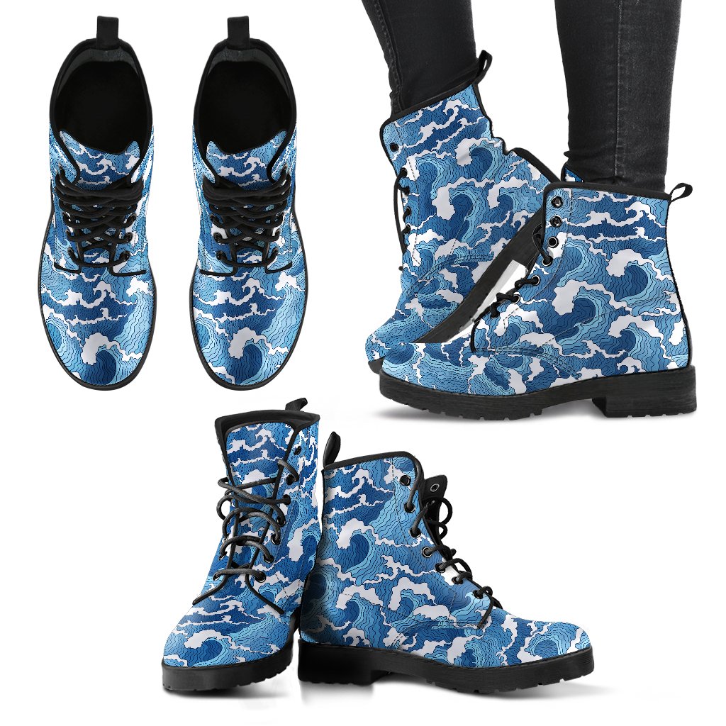 Wave Themed Pattern Print Women Leather Boots-JTAMIGO.COM