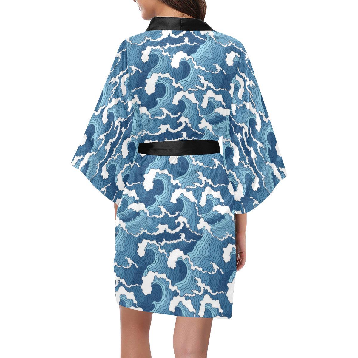 Wave Themed Pattern Print Women Short Kimono Robe