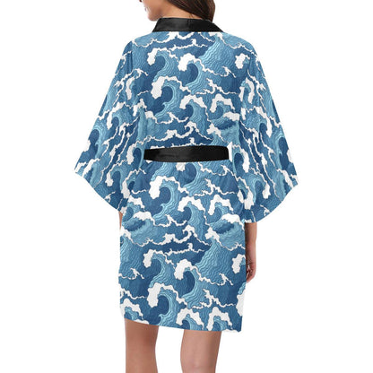 Wave Themed Pattern Print Women Short Kimono Robe