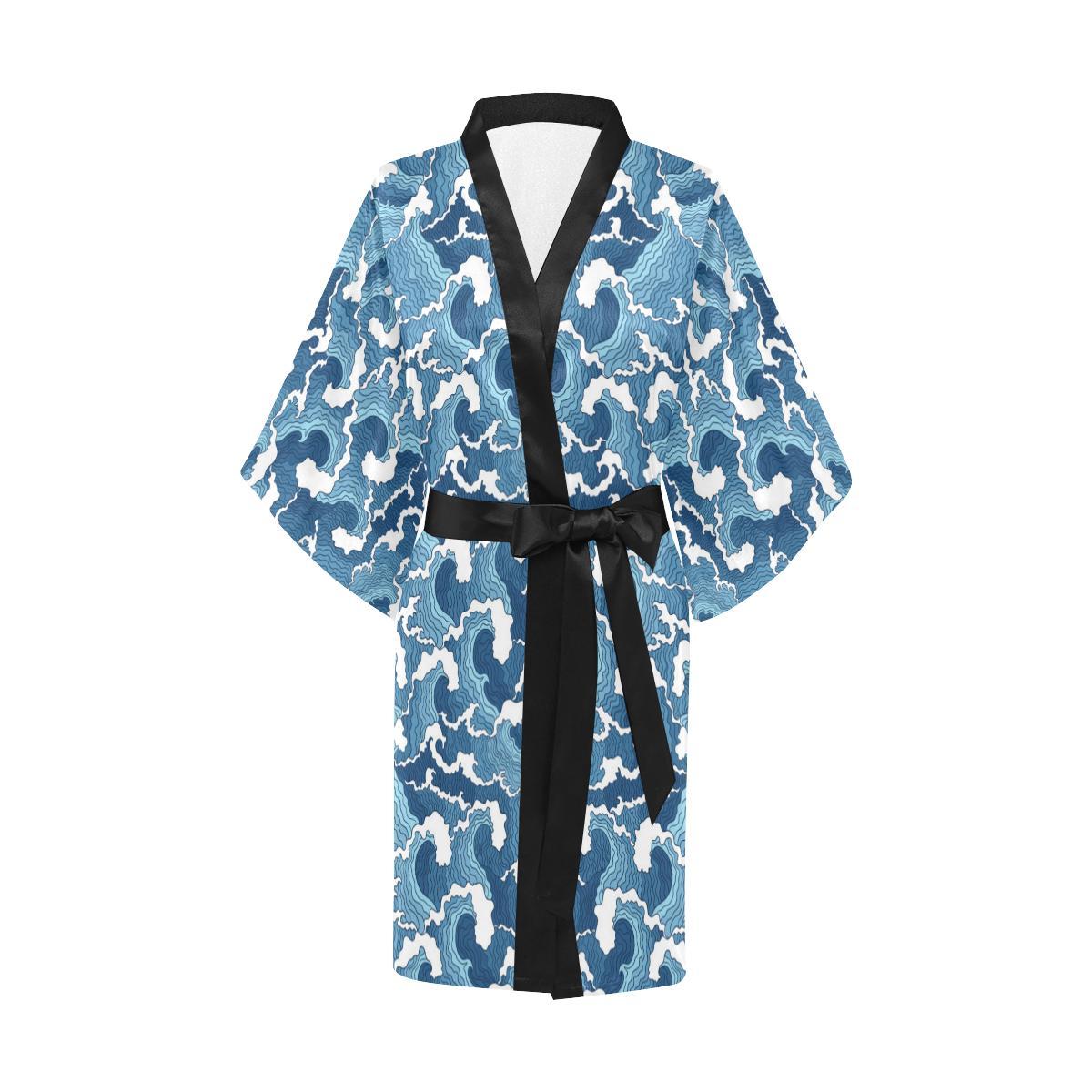 Wave Themed Pattern Print Women Short Kimono Robe