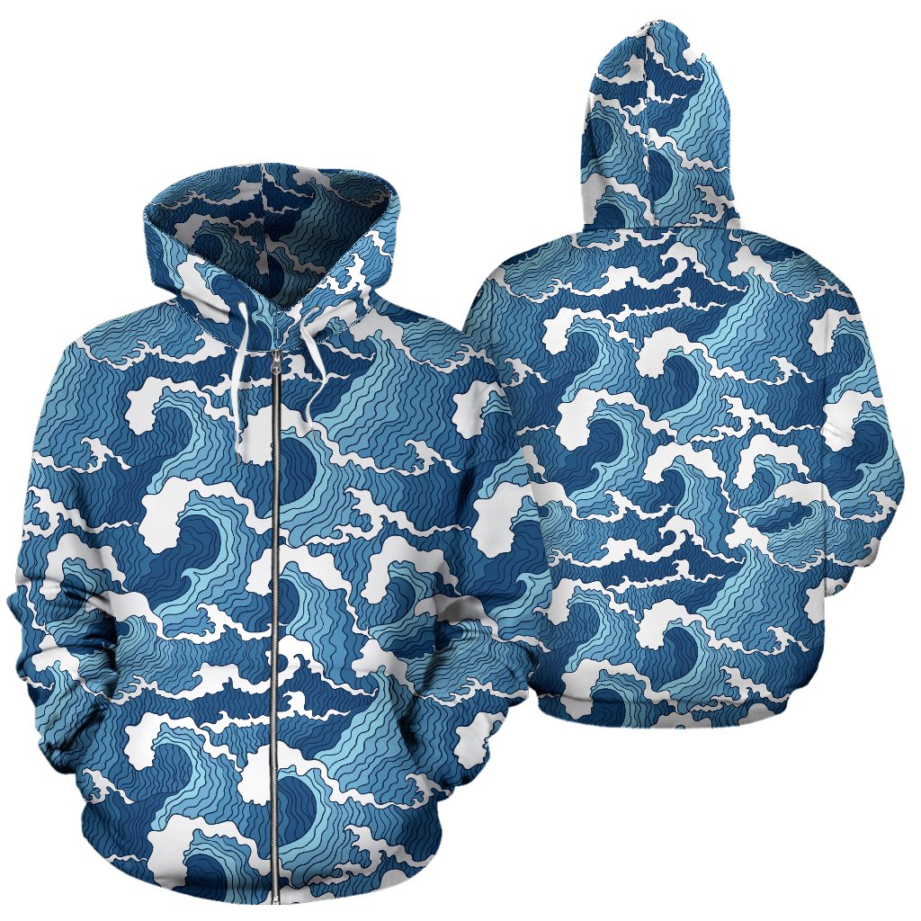Wave Themed Pattern Print Zip Up Hoodie