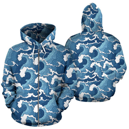 Wave Themed Pattern Print Zip Up Hoodie