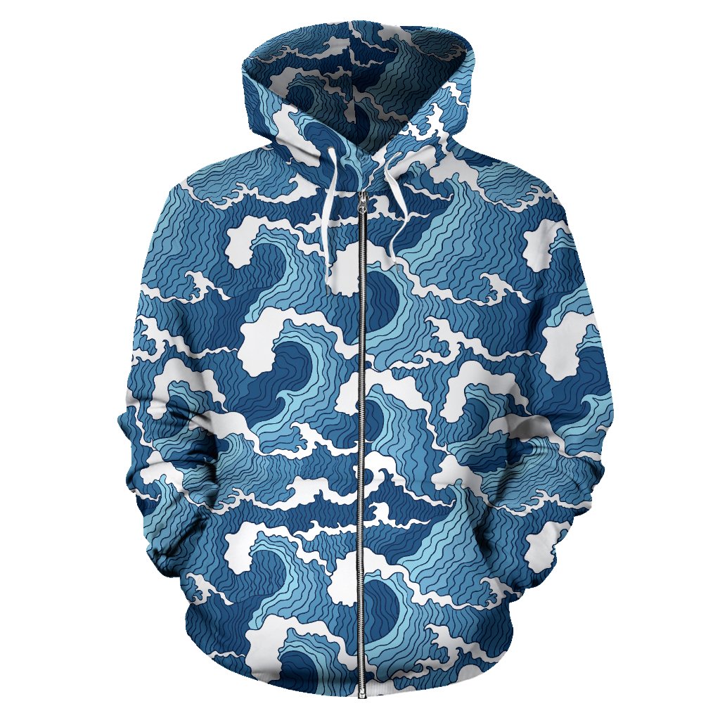 Wave Themed Pattern Print Zip Up Hoodie