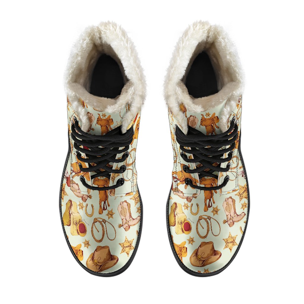 Western Cowboy Design Pattern Faux Fur Leather Boots-JTAMIGO.COM