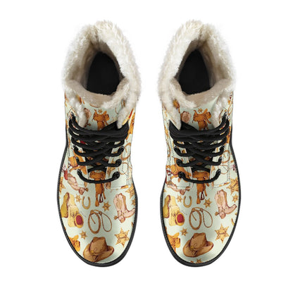 Western Cowboy Design Pattern Faux Fur Leather Boots-JTAMIGO.COM