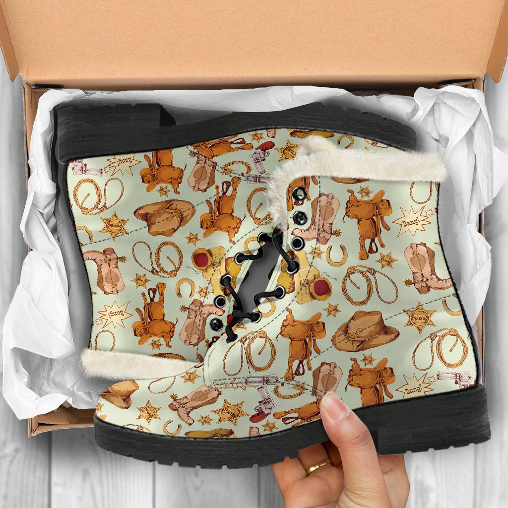 Western Cowboy Design Pattern Faux Fur Leather Boots-JTAMIGO.COM
