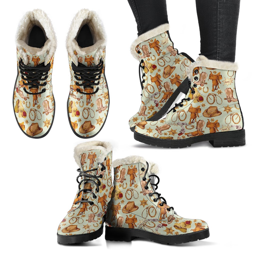 Western Cowboy Design Pattern Faux Fur Leather Boots-JTAMIGO.COM