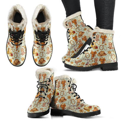 Western Cowboy Design Pattern Faux Fur Leather Boots-JTAMIGO.COM