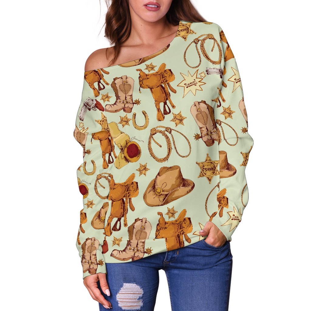 Western Cowboy Design Pattern Off Shoulder Sweatshirt