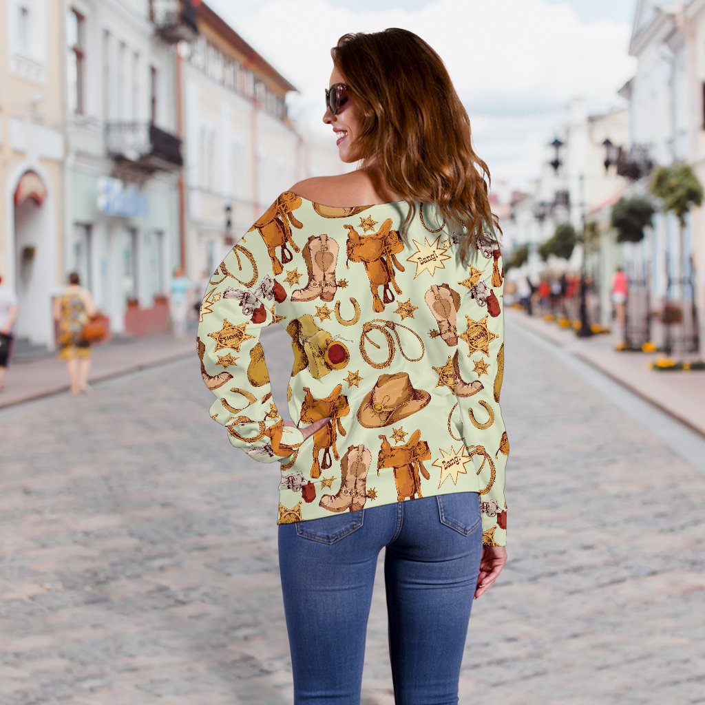 Western Cowboy Design Pattern Off Shoulder Sweatshirt