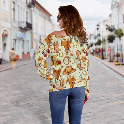 Western Cowboy Design Pattern Off Shoulder Sweatshirt