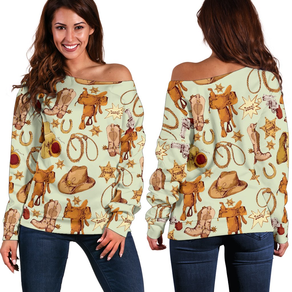 Western Cowboy Design Pattern Off Shoulder Sweatshirt