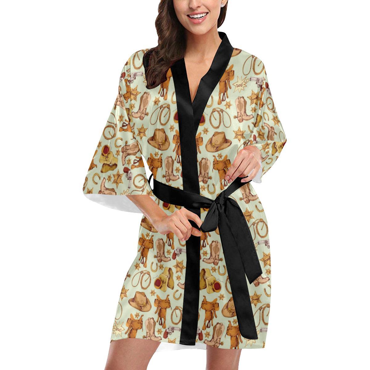 Western Cowboy Design Pattern Women Short Kimono Robe