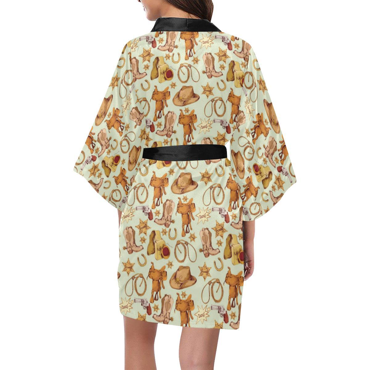 Western Cowboy Design Pattern Women Short Kimono Robe