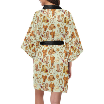 Western Cowboy Design Pattern Women Short Kimono Robe