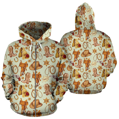 Western Cowboy Design Pattern Zip Up Hoodie