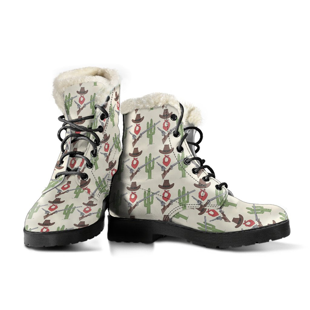 Western Cowboy Print Faux Fur Leather Boots-JTAMIGO.COM