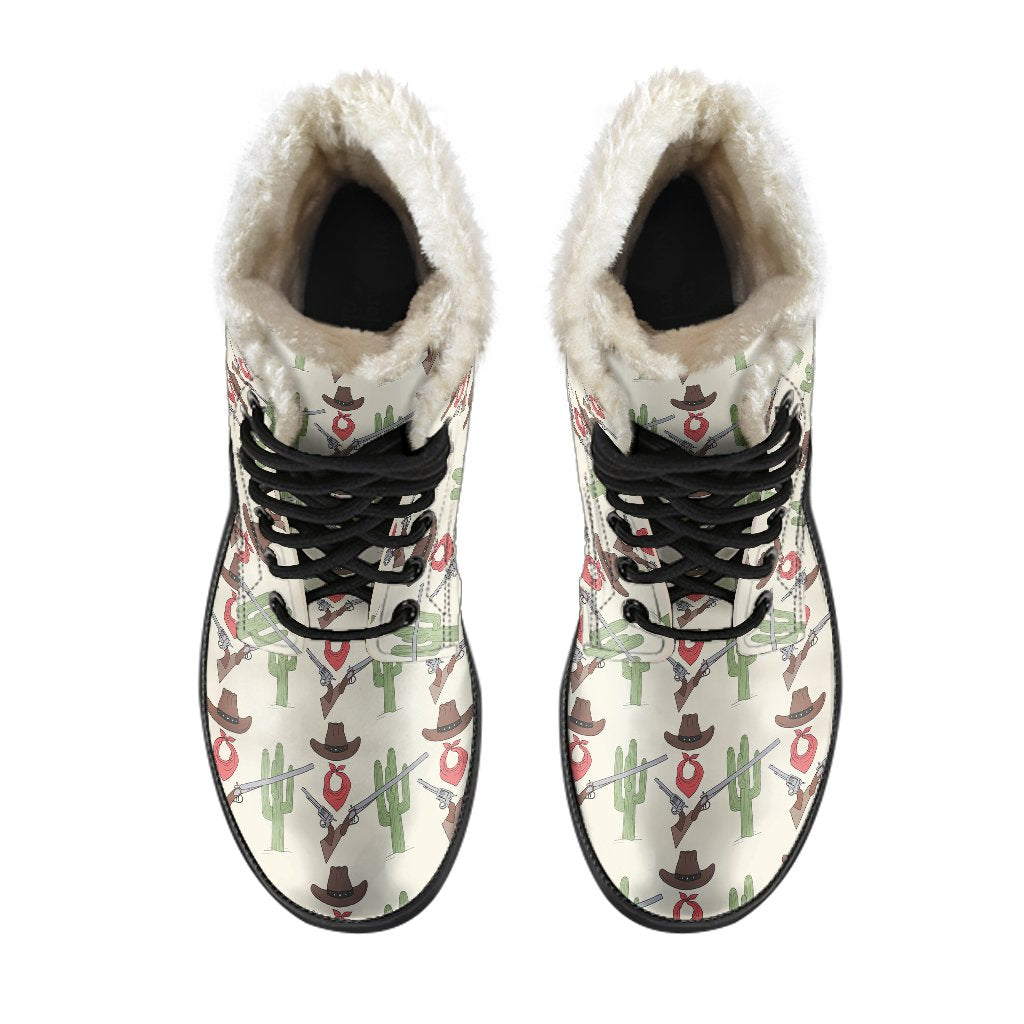 Western Cowboy Print Faux Fur Leather Boots-JTAMIGO.COM