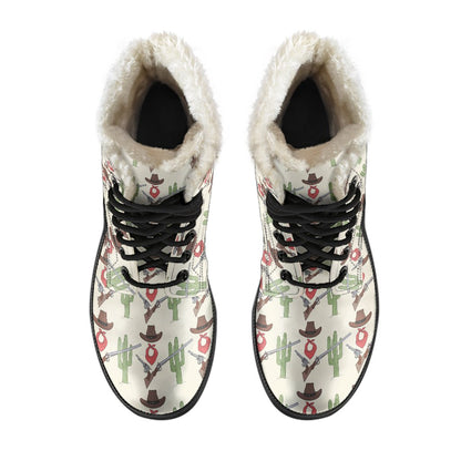 Western Cowboy Print Faux Fur Leather Boots-JTAMIGO.COM