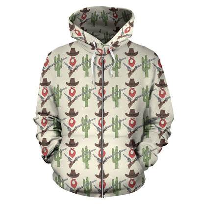 Western Cowboy Print Zip Up Hoodie
