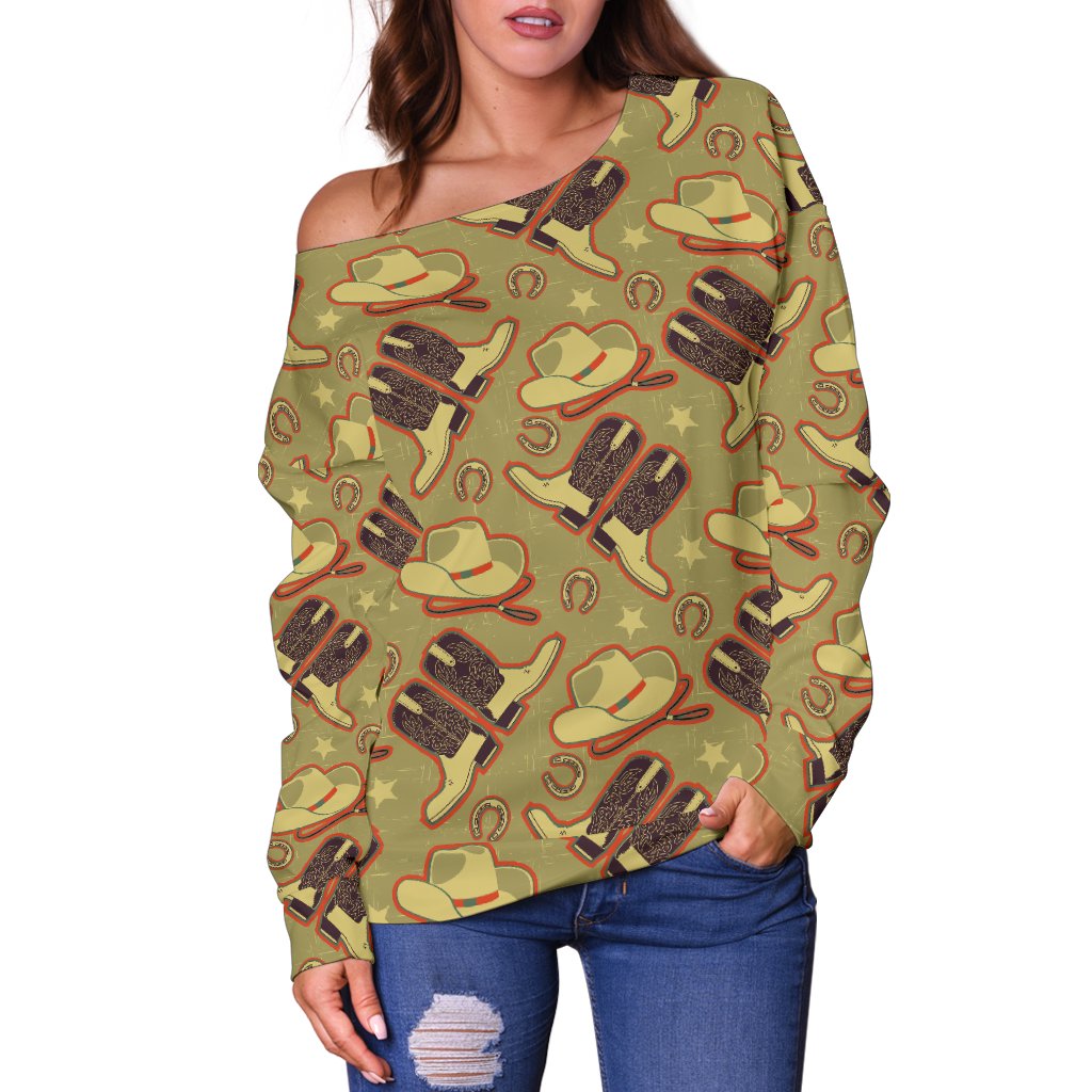 Western Cowboy Themed Off Shoulder Sweatshirt