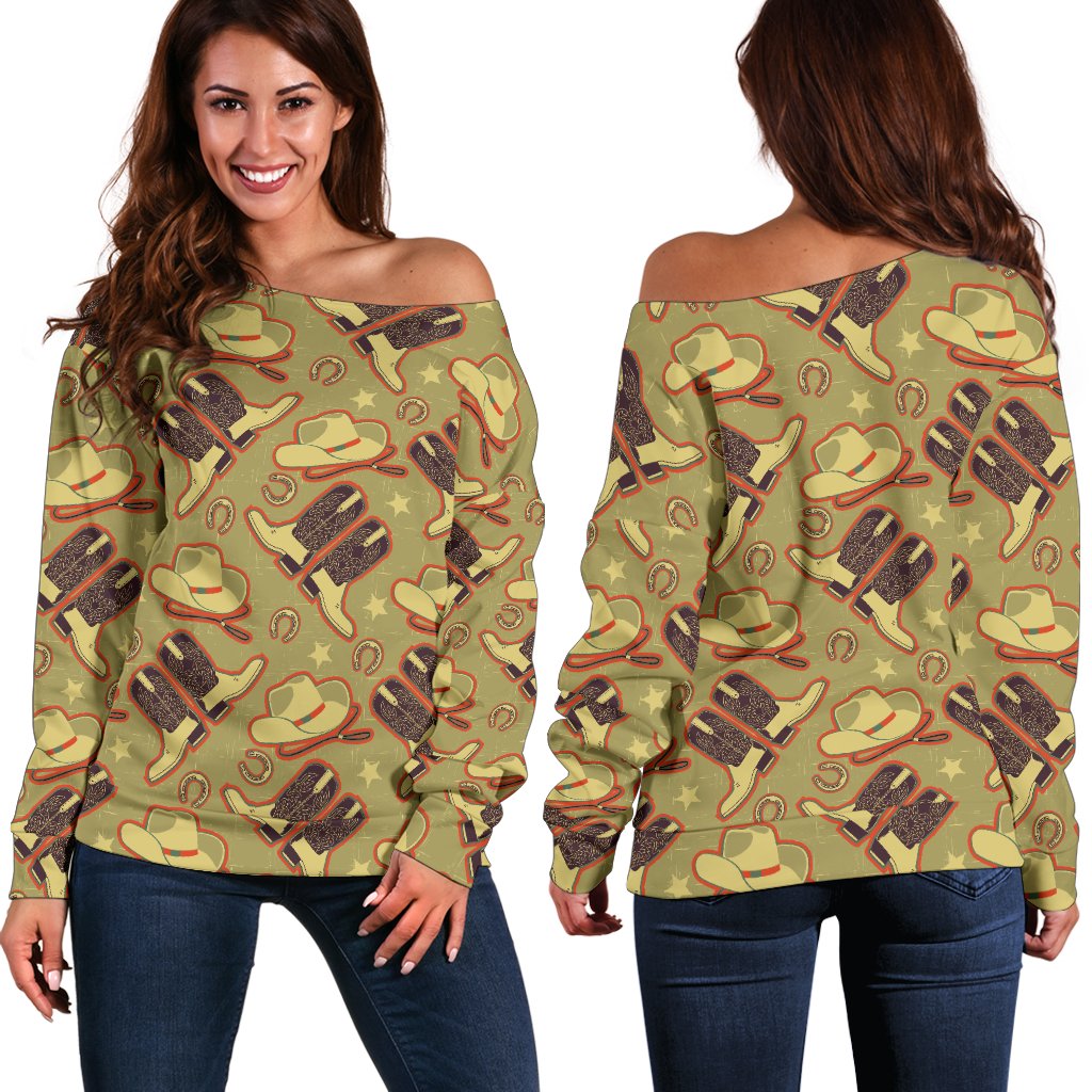Western Cowboy Themed Off Shoulder Sweatshirt