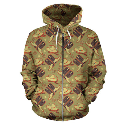Western Cowboy Themed Zip Up Hoodie