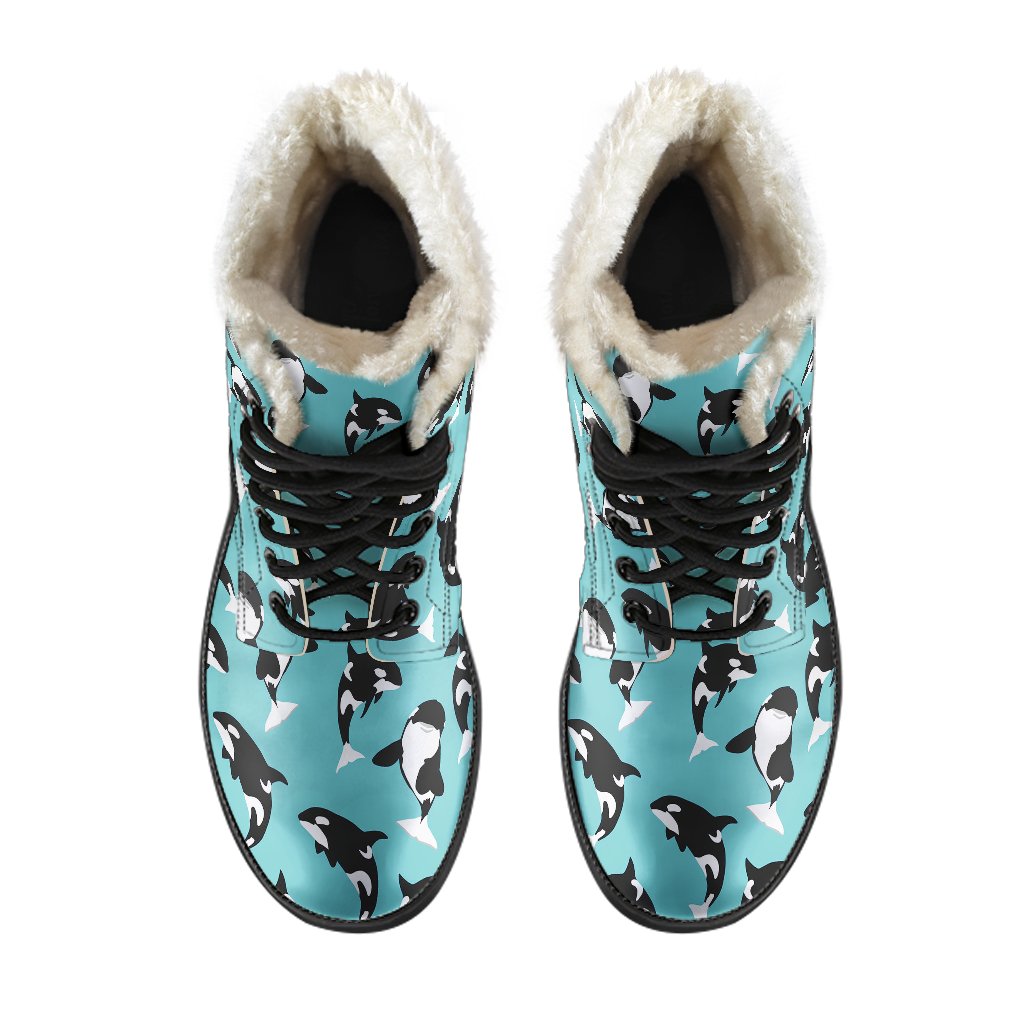 Whale Action Design Themed Print Faux Fur Leather Boots-JTAMIGO.COM