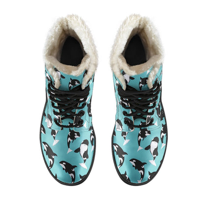 Whale Action Design Themed Print Faux Fur Leather Boots-JTAMIGO.COM