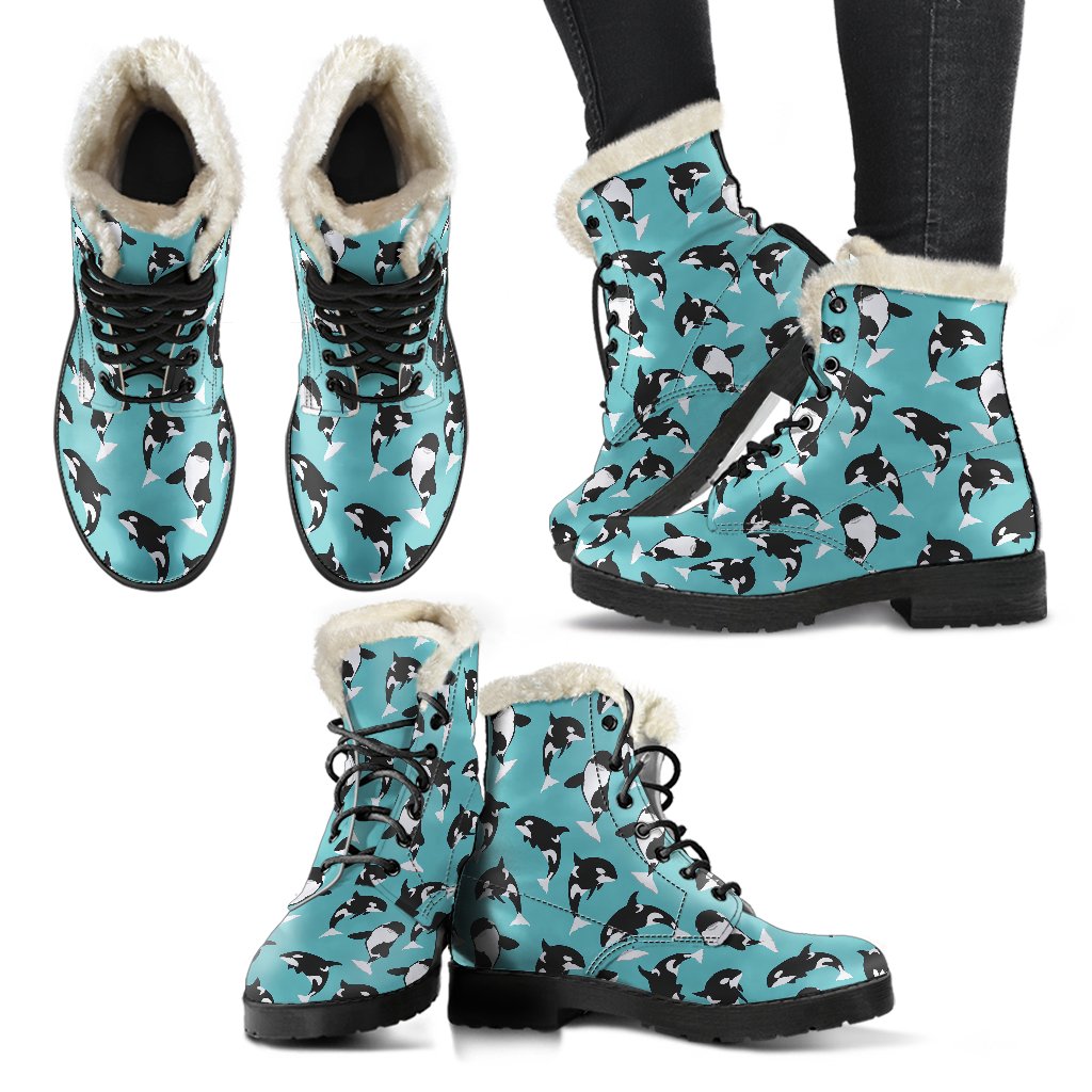Whale Action Design Themed Print Faux Fur Leather Boots-JTAMIGO.COM