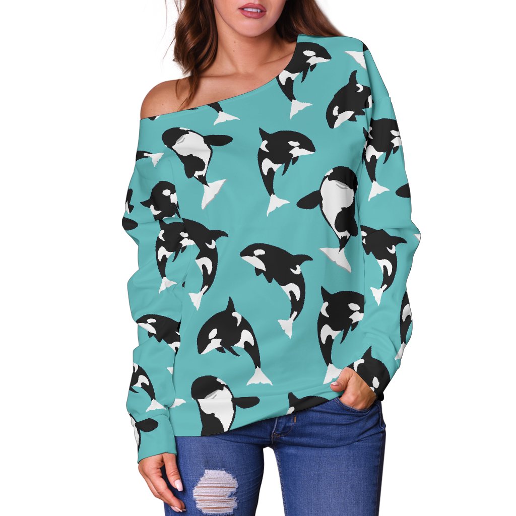 Whale Action Design Themed Print Off Shoulder Sweatshirt