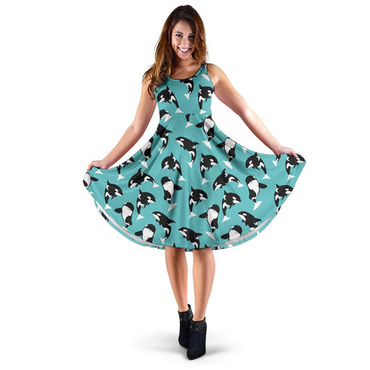 Whale Action Design Themed Print Sleeveless Dress