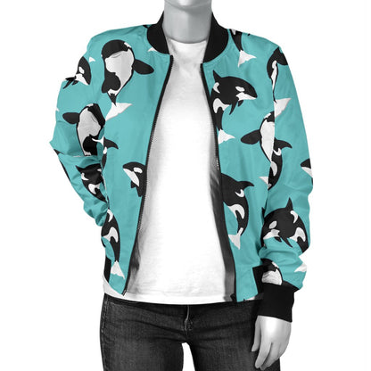 Whale Action Design Themed Print Women Casual Bomber Jacket