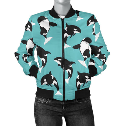 Whale Action Design Themed Print Women Casual Bomber Jacket