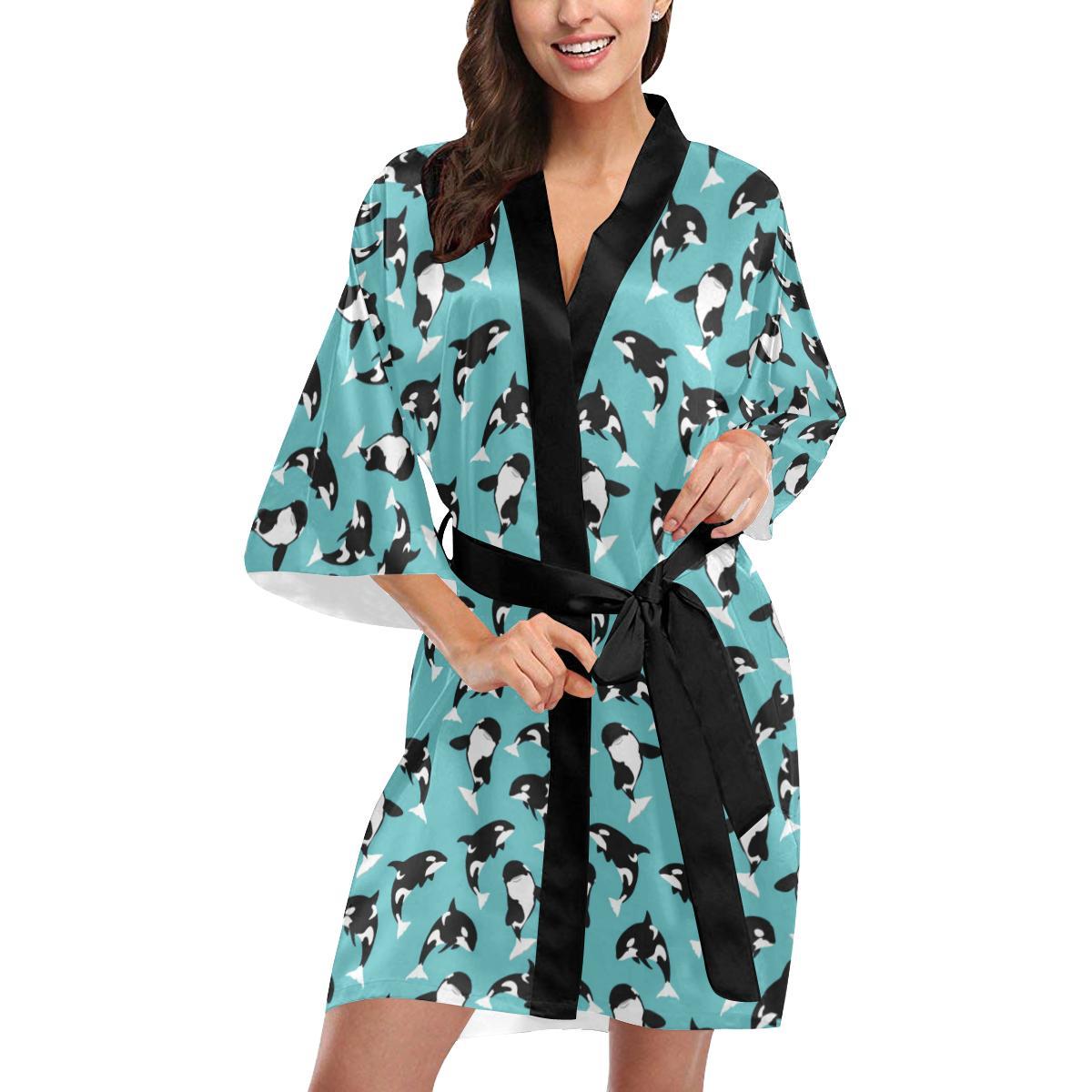 Whale Action Design Themed Print Women Short Kimono Robe